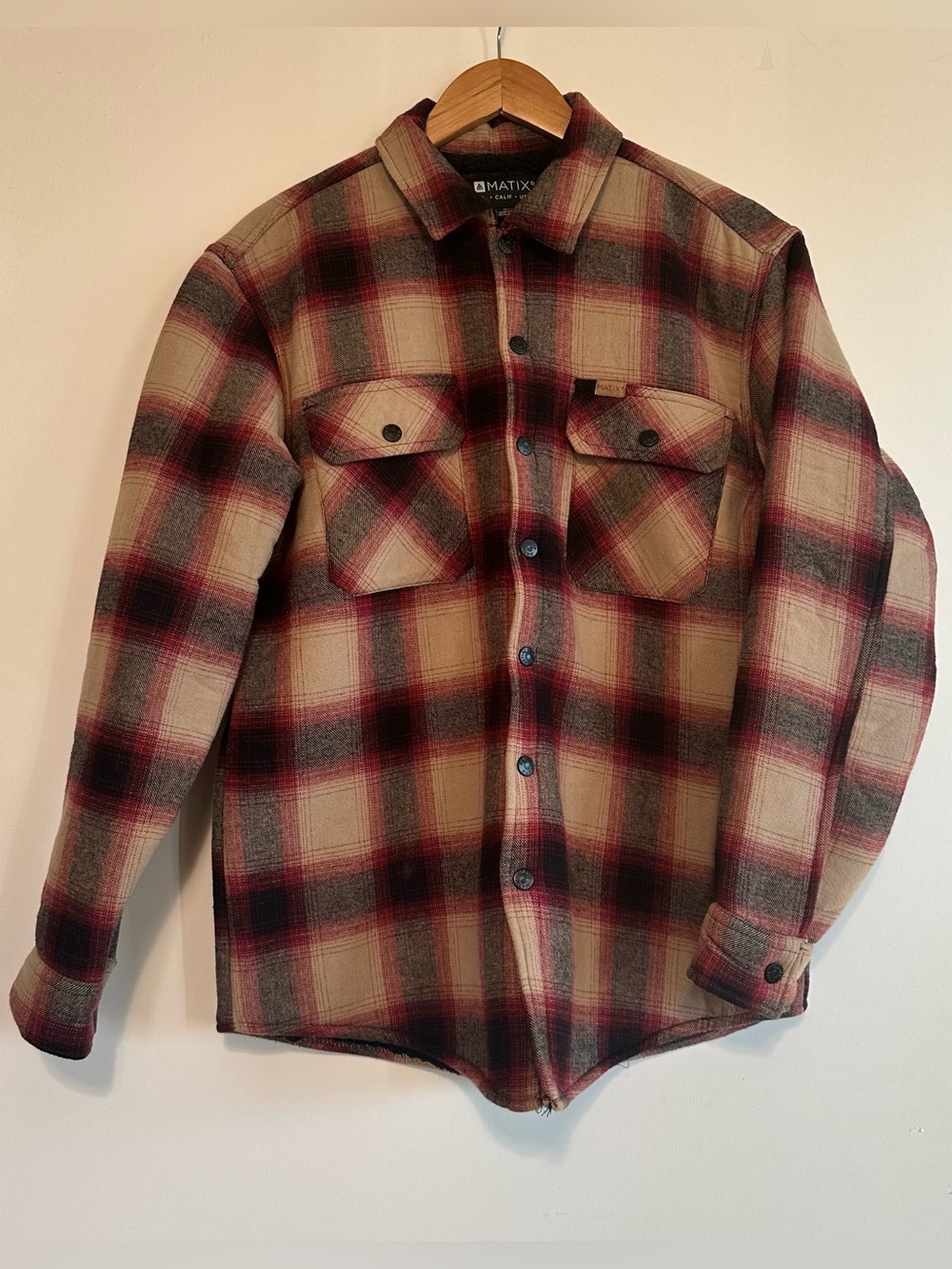 Matix Beige and Red Plaid Sherpa Lined Flannel Shirt Jacket - Medium